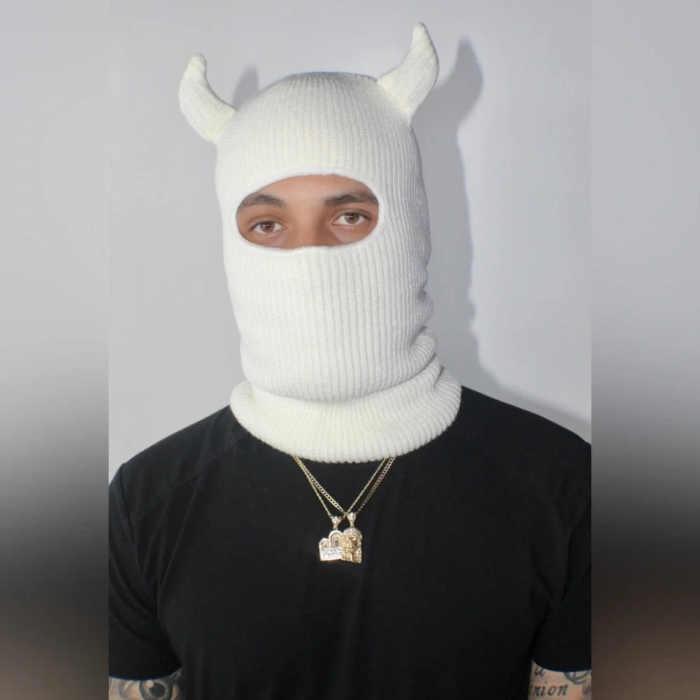White Devil Ski Mask Sheisty Baclava and Beanie for Rave or Motorcross Moto